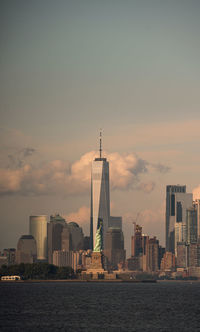 Modern buildings by sea against sky during sunset