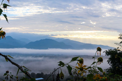 Scenic view of mountains against sky during sunset