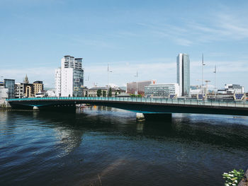 Bridge over river by city buildings against sky