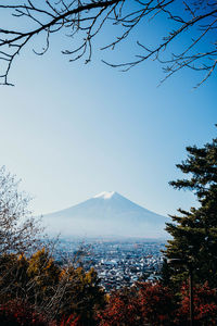 Scenic view of snowcapped mountains against clear blue sky