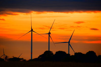 Scenic view of sunset sky during sunrise with windmills silohette