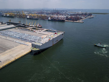 High angle view of ship in sea