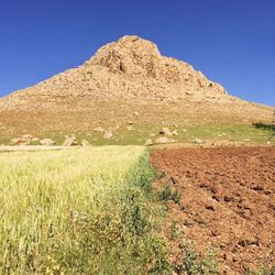 Scenic view of desert against clear blue sky