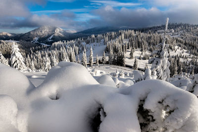 Snow covered landscape against sky