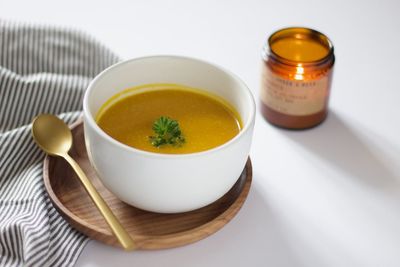 Close-up of soup in bowl on table