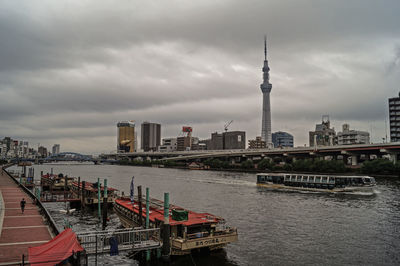 View of buildings at waterfront against cloudy sky