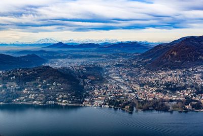 High angle shot of river against townscape