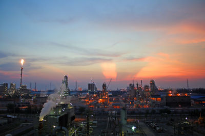 High angle view of city during sunset