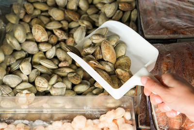 Cropped hand of woman holding food for sale at market stall