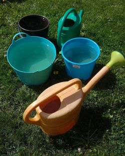 High angle view of various objects on field