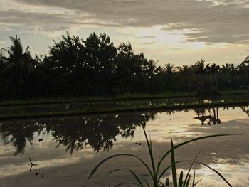 Scenic view of lake against sky at sunset