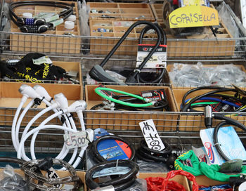 Close-up of bicycles on market stall