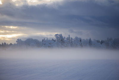 Scenic view of misty snow covered land against sky