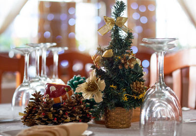 Close-up of christmas decorations on table