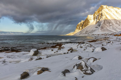 Scenic view of snowcapped mountains by sea against sky