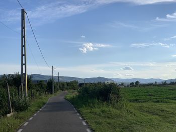 Road amidst plants on field against sky