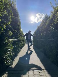 Rear view of man on footpath against sky on sunny day