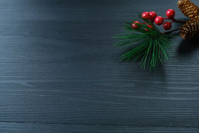 High angle view of christmas decorations on table