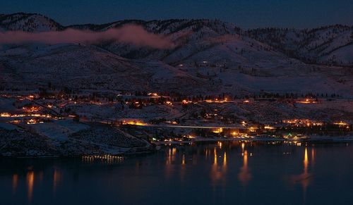 Scenic view of lake and snow covered mountains