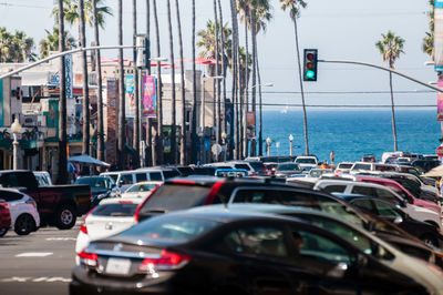 Cars on city street by sea