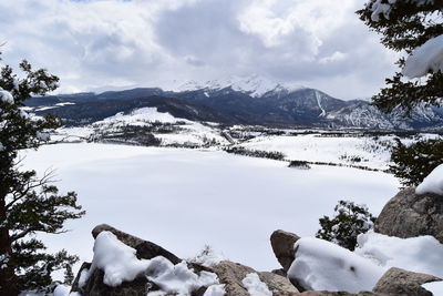 Scenic view of snow covered mountains against sky