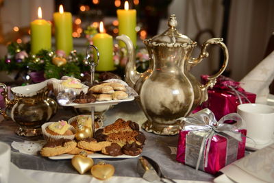 Close-up of christmas decorations on table