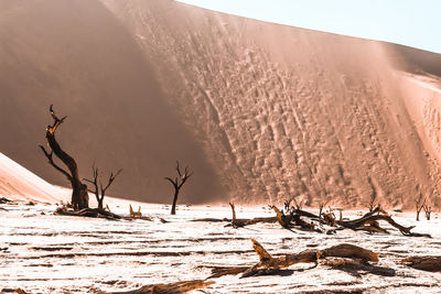 Scenic view of snow covered land against sky