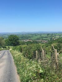 Road amidst field against clear sky