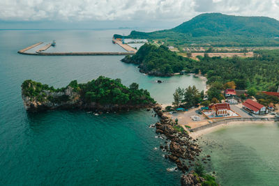 High angle view of bay against clear sky