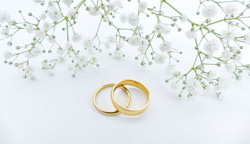 Close-up of wedding rings on white wall