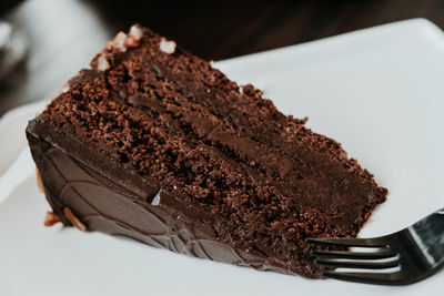 Close-up of chocolate cake in plate