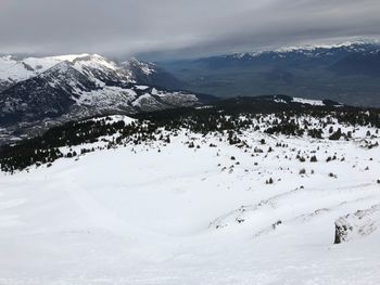 Scenic view of snow covered mountains against sky