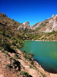 Scenic view of lake against blue sky