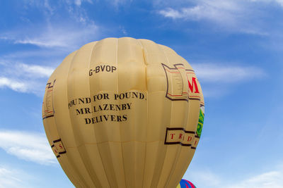 Low angle view of hot air balloon against sky