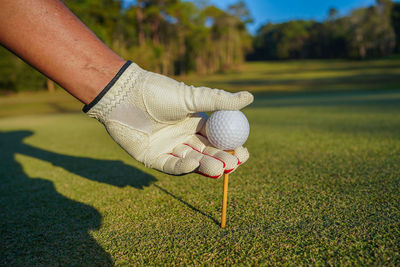 Hand hold golf ball with tee on course, golf course background. 