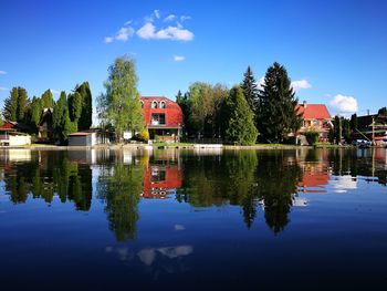 Reflection of trees in lake against blue sky