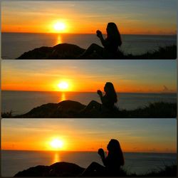 Silhouette woman photographing sea against sky during sunset