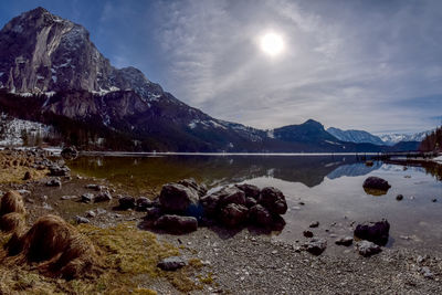 Scenic view of lake and mountains against sky