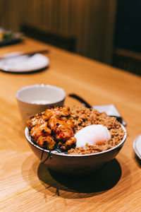 High angle view of food in plate on table