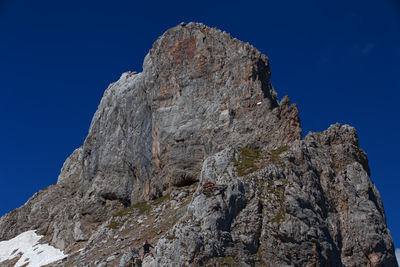 Low angle view of rocky mountain against blue sky