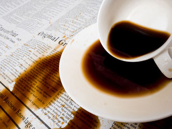 High angle view of coffee cup on table