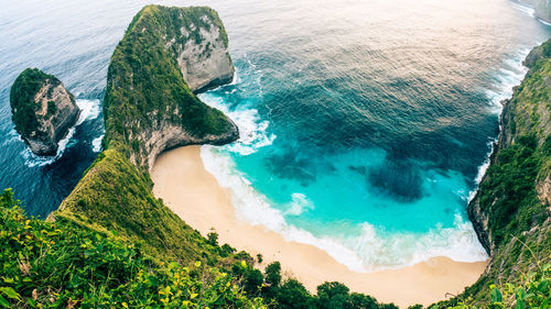 High angle view of beach against blue sky