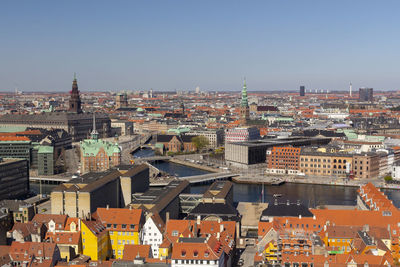 High angle view of townscape against clear sky