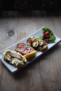 High angle view of food served on table