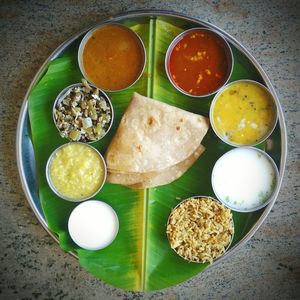High angle view of breakfast on table