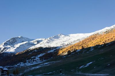 Scenic view of snow mountains against clear sky