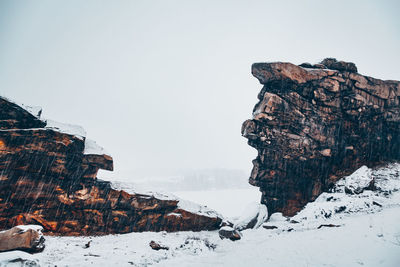 Rocks on snow covered land against clear sky