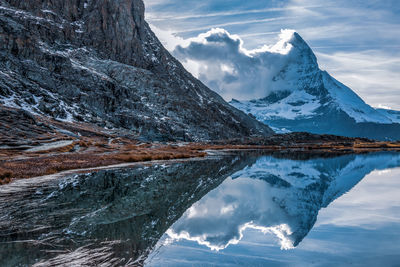 Scenic view of snowcapped mountains against sky