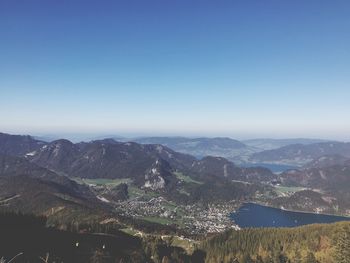 Scenic view of mountains against clear blue sky