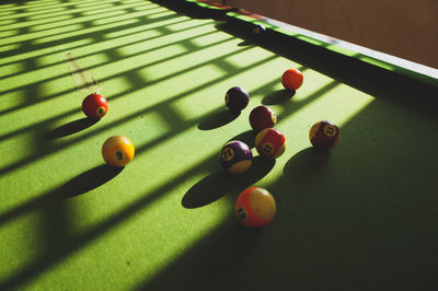 High angle view of snooker balls on table